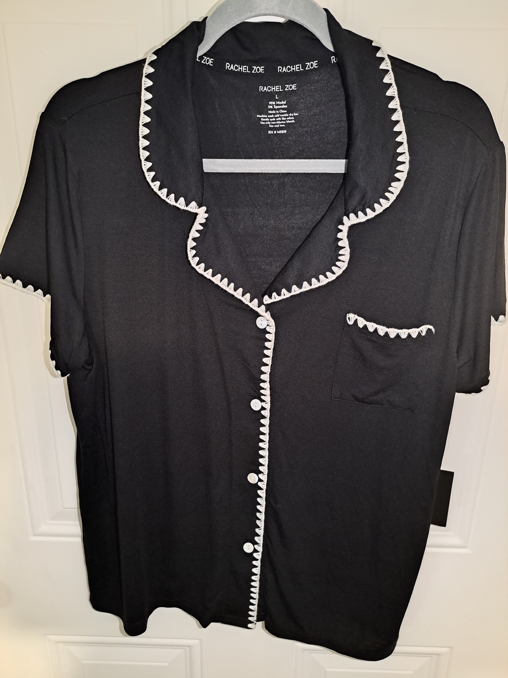 Rachel Zoe Black Short-Sleeve Button Front Shirt with White Trim Accents